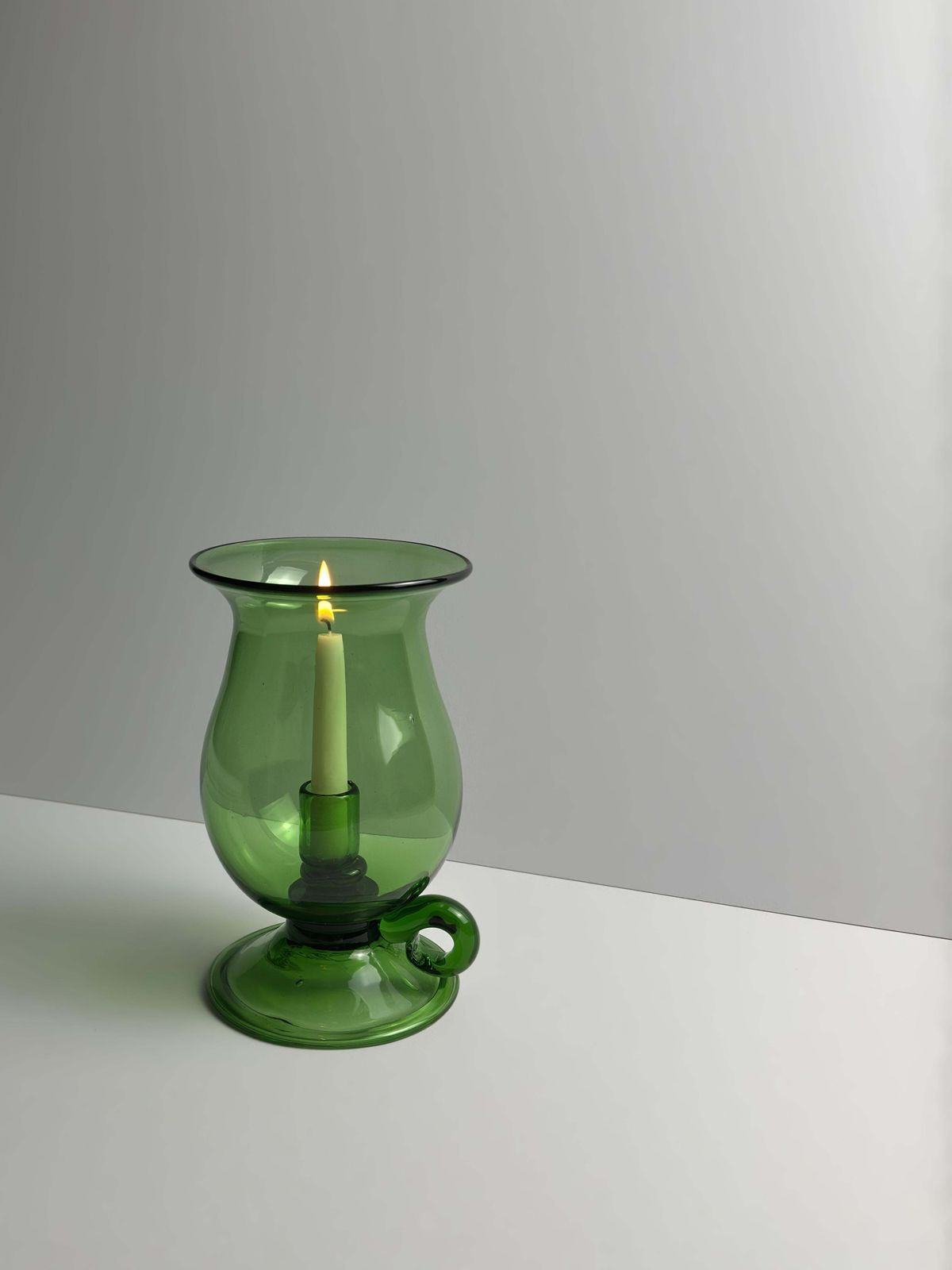 photo for sale Mid Century Empoli Green Glass Hurricane Lamp, Italy 1960s