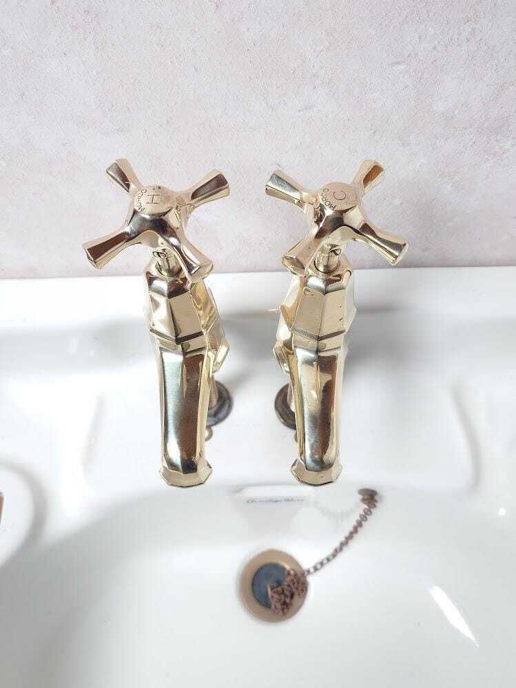 Pair Of Original Art Deco Basin Taps, Polished Brass Sink Faucets, 1920s Basin Taps, Overhauled And Ready To Fit. photo vinterior