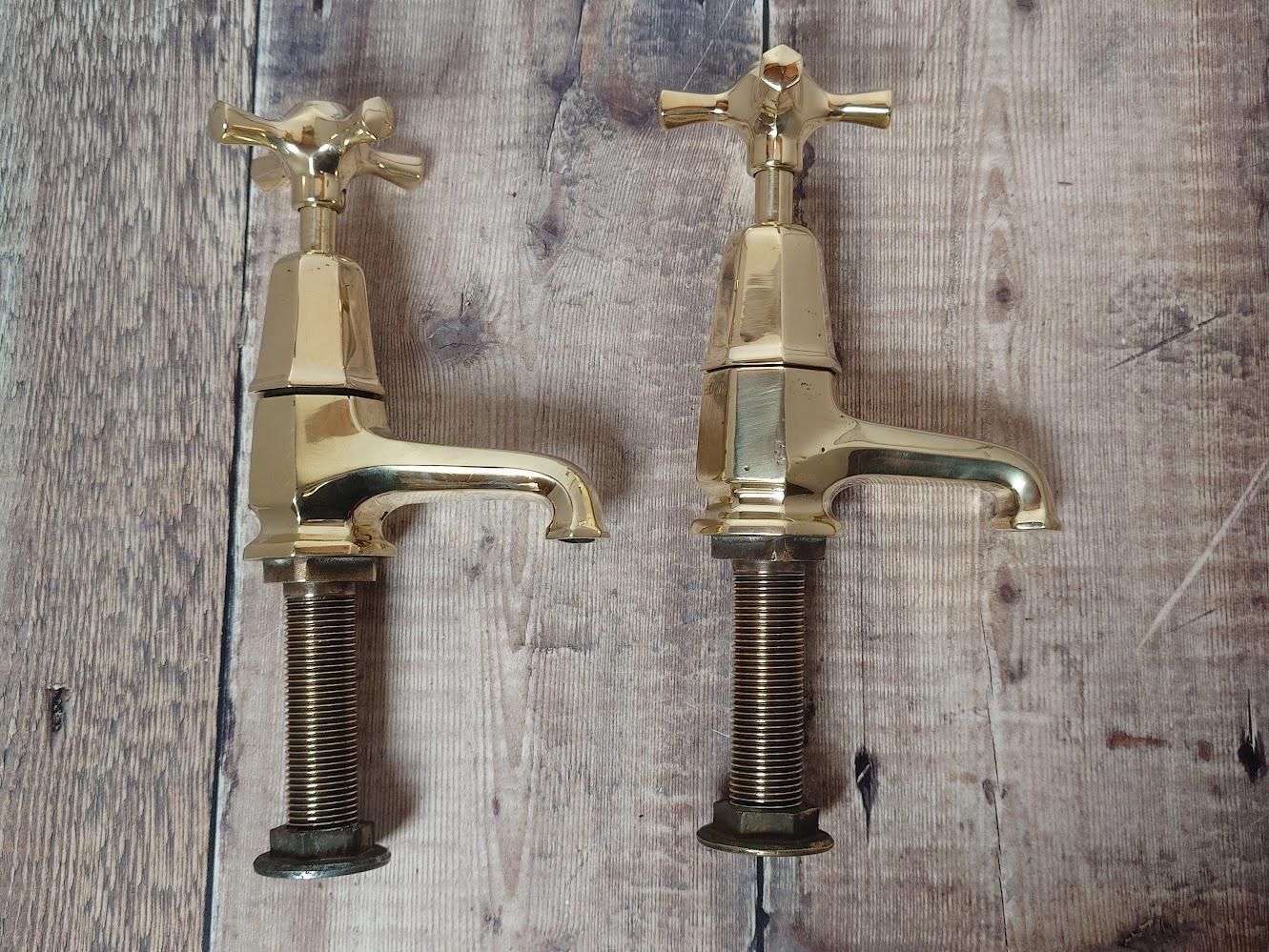 Pair Of Original Art Deco Basin Taps, Polished Brass Sink Faucets, 1920s Basin Taps, Overhauled And Ready To Fit. photo vintage