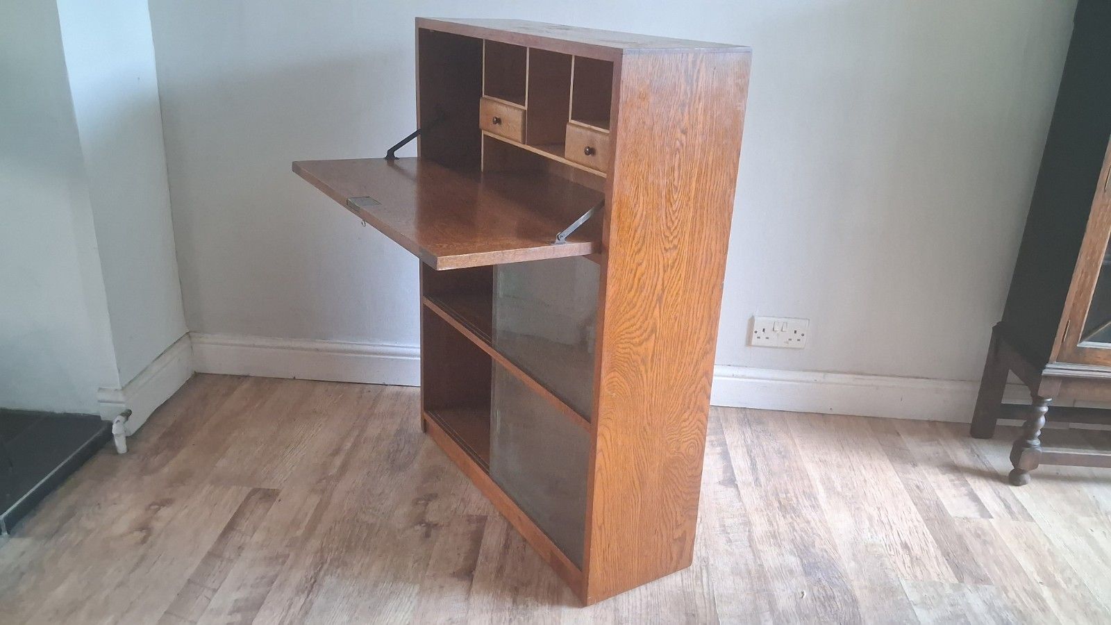 photo for sale Delightful  1960's Odhams Of London Solid Oak Mid Century Bookcase /Bureau