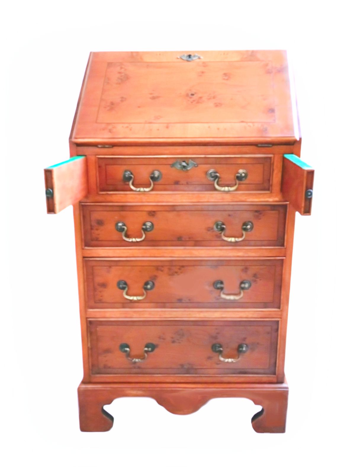 Narrow Yew Wood Bureau With Sloping Fall Front And Leather Writing Surface photo for sale