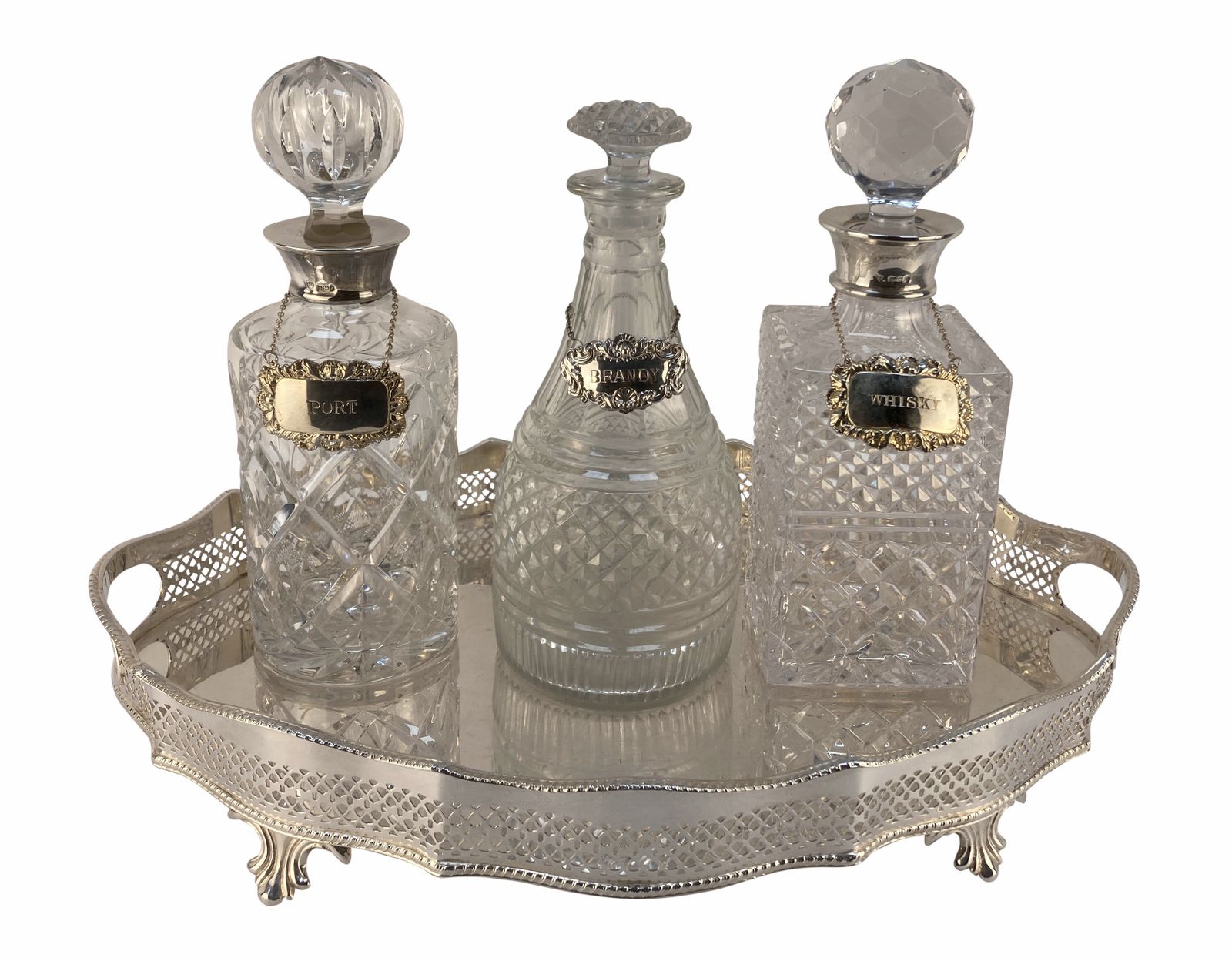 A Silver Drinks Tray With Decanters, Some With Sterling Silver Collars photo for sale