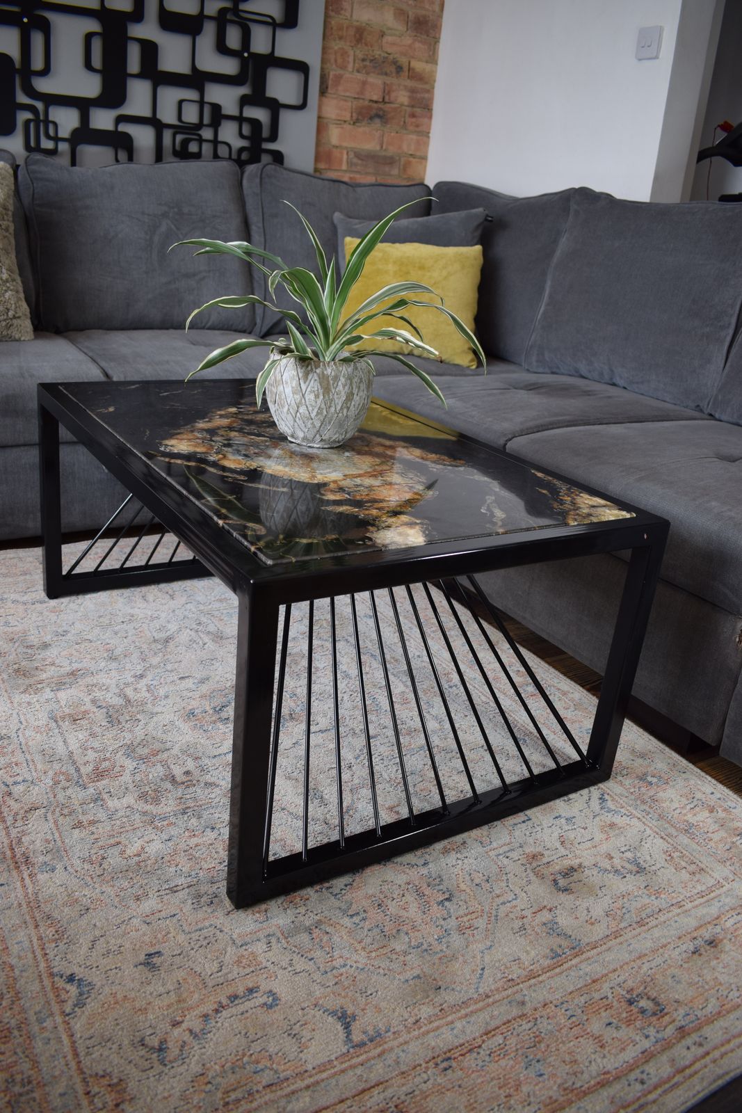 Black Fusion Coffee Table , Industrial Real Stone Top Black Metal Frame Modern Handmade Furniture photo for sale