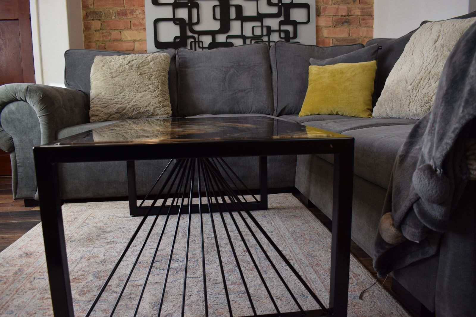 Black Fusion Coffee Table , Industrial Real Stone Top Black Metal Frame Modern Handmade Furniture photo vintage