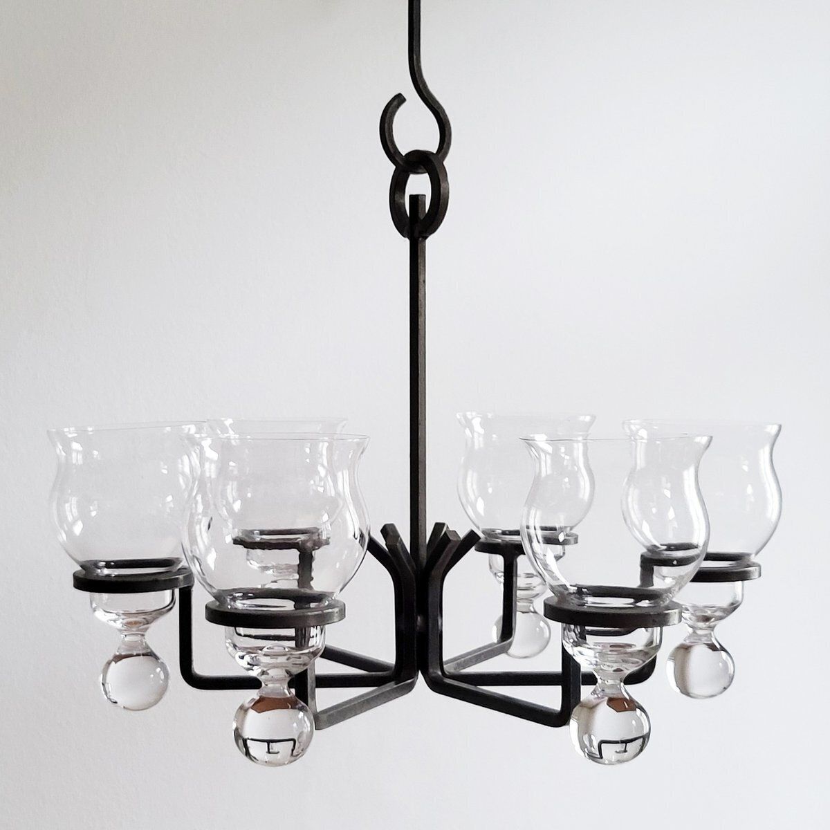 Swedish Glass & Wrought Iron Pendant Lamp By Erik Höglund For Kosta Boda, 1960s