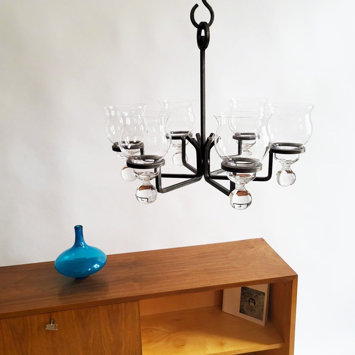 Swedish Glass & Wrought Iron Pendant Lamp By Erik Höglund For Kosta Boda, 1960s photo buy