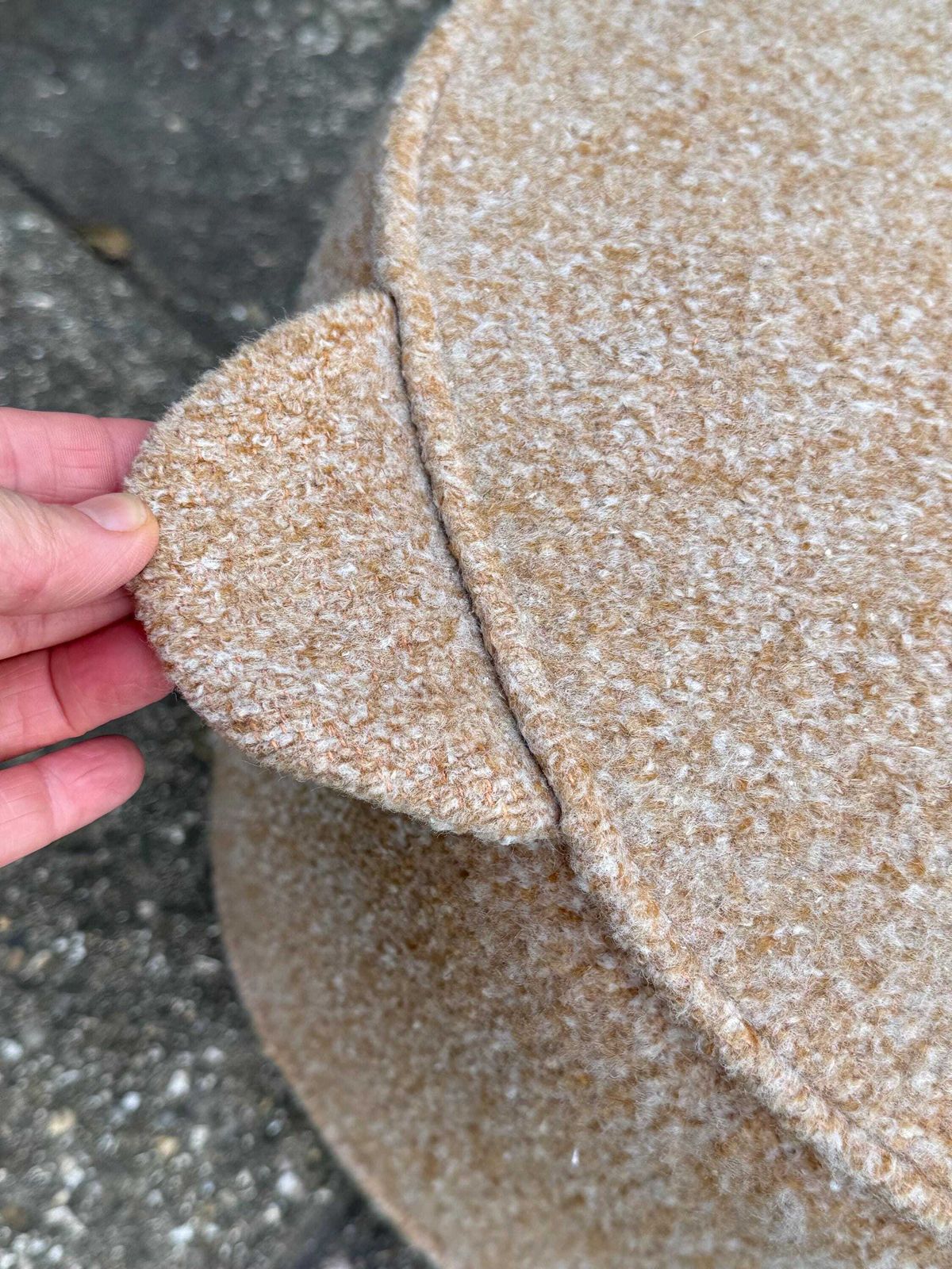 Vintage Retro Wool Covered Pouf Footstool In Soft Camel Tan With Ear Like Handles photo furniture