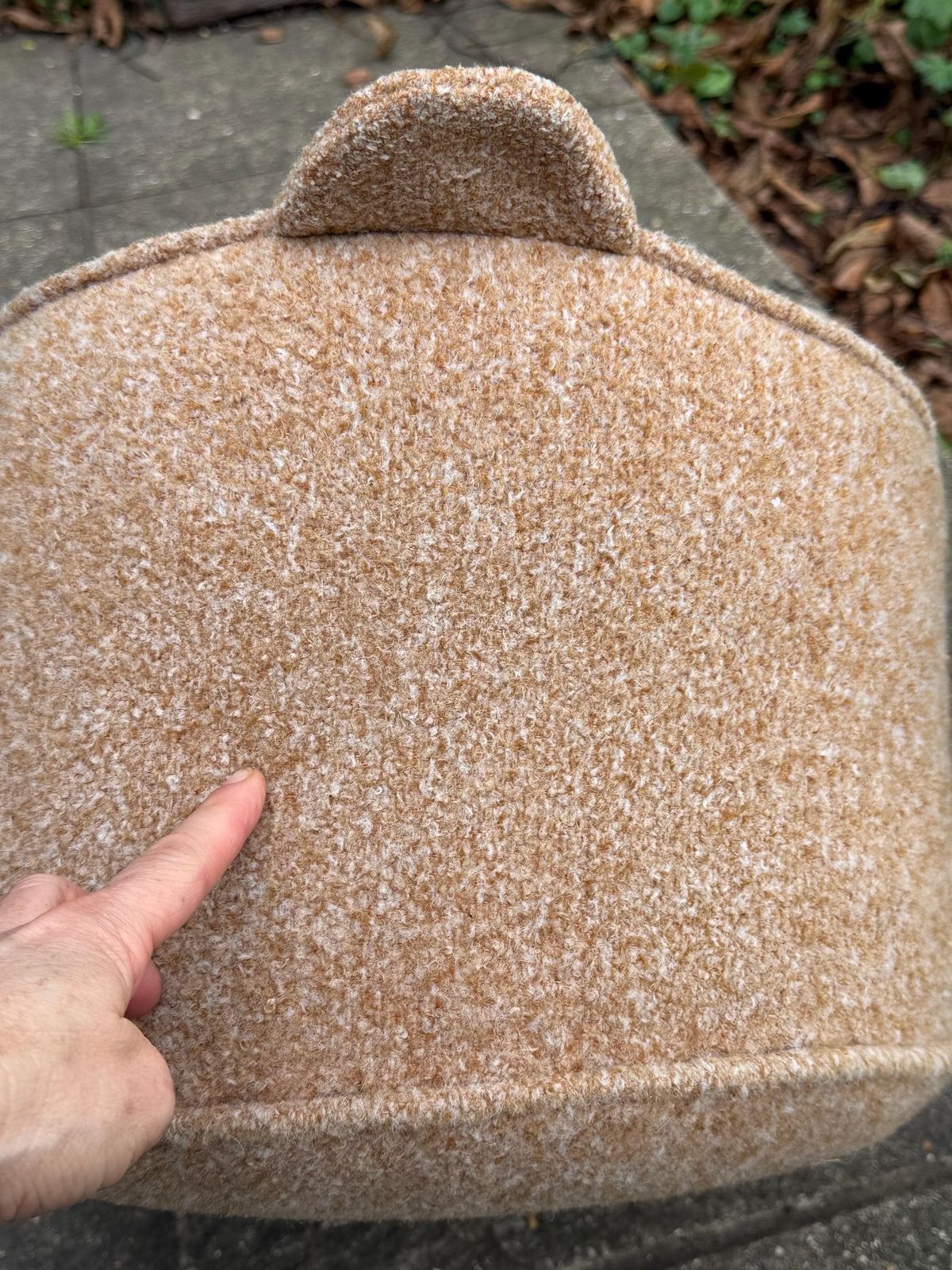 Vintage Retro Wool Covered Pouf Footstool In Soft Camel Tan With Ear Like Handles photo vintage