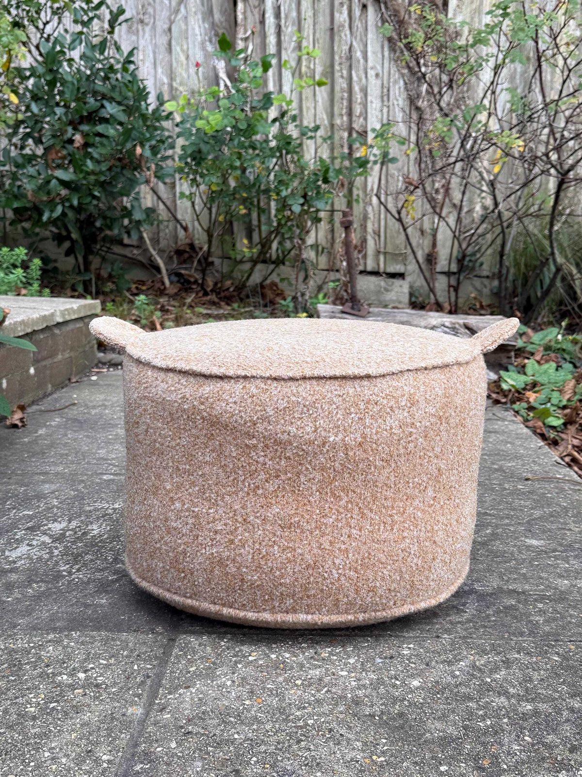 photo for sale Vintage Retro Wool Covered Pouf Footstool In Soft Camel Tan With Ear Like Handles
