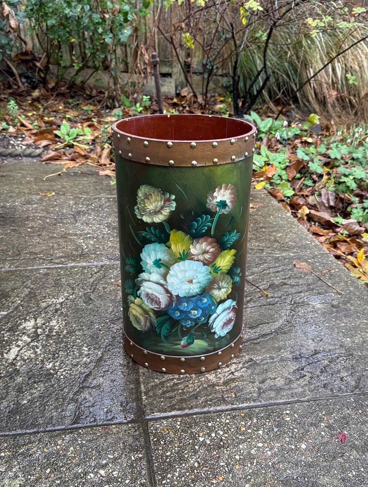 Vintage Hand Painted Wooden Umbrella Stand, Mid Century Folk Art Stick Stand With Brass Stud Detailing