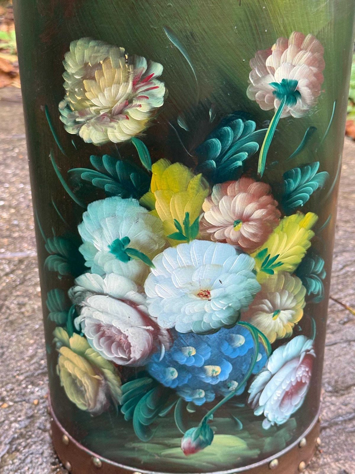 Vintage Hand Painted Wooden Umbrella Stand, Mid Century Folk Art Stick Stand With Brass Stud Detailing photo vinterior