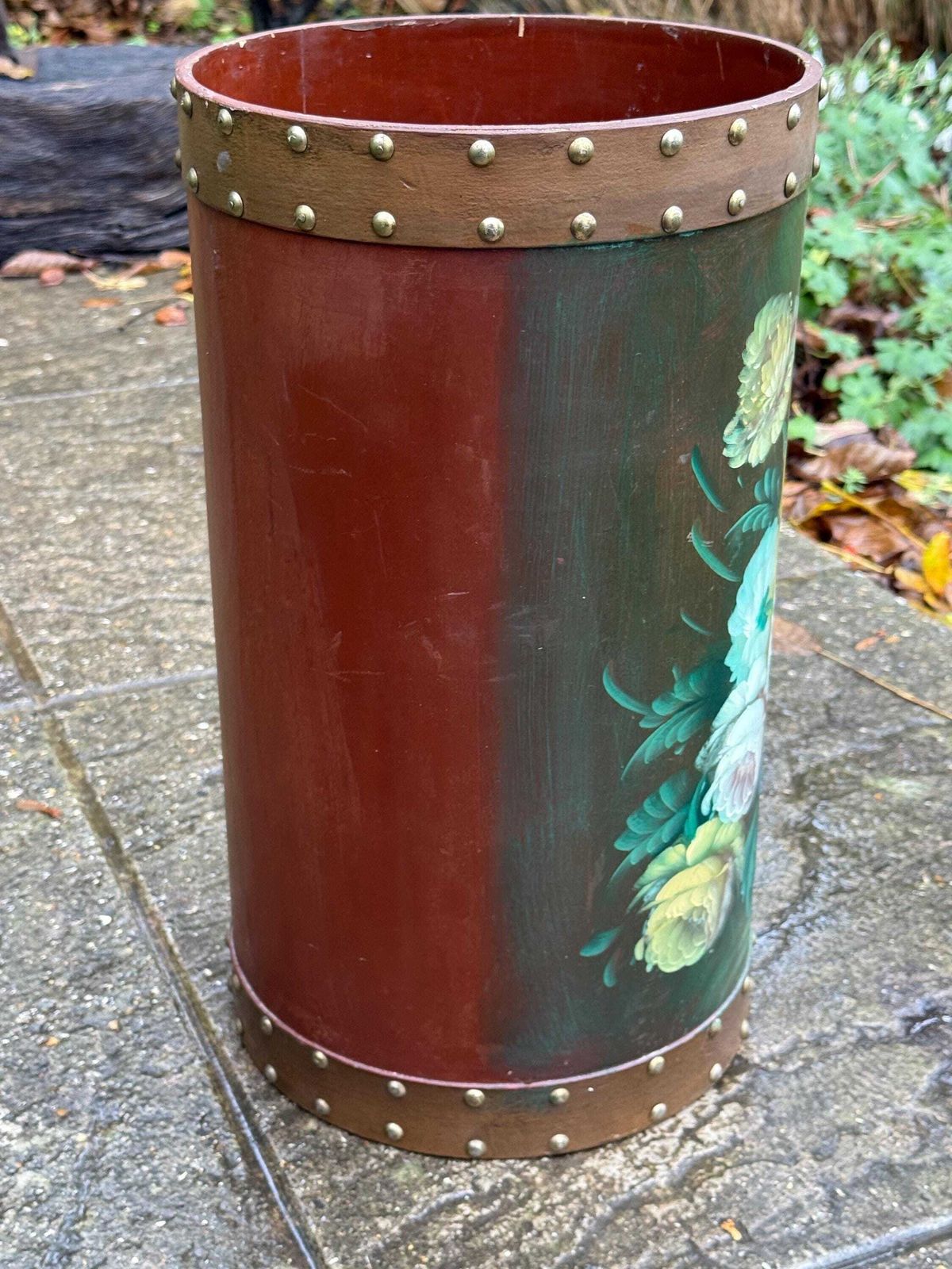 Home Decor Vintage Hand Painted Wooden Umbrella Stand, Mid Century Folk Art Stick Stand With Brass Stud Detailing photo