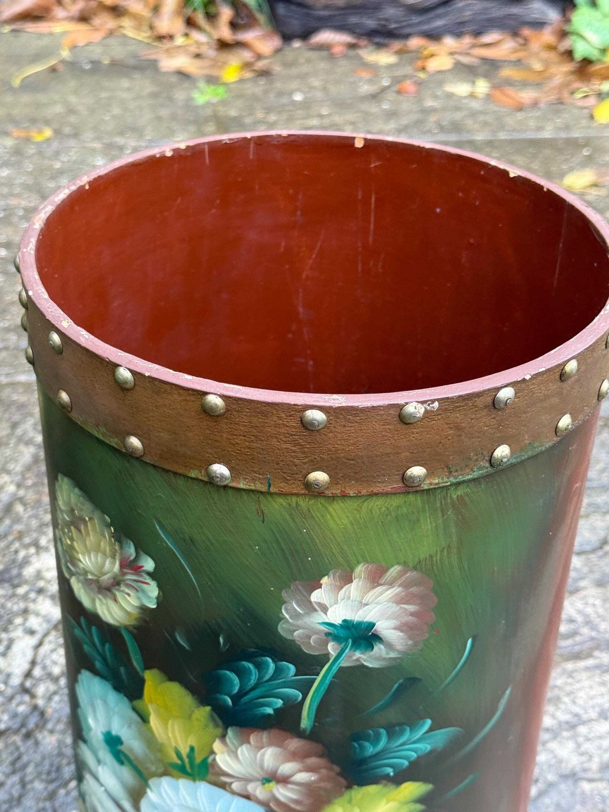 photo vinterior Vintage Hand Painted Wooden Umbrella Stand, Mid Century Folk Art Stick Stand With Brass Stud Detailing