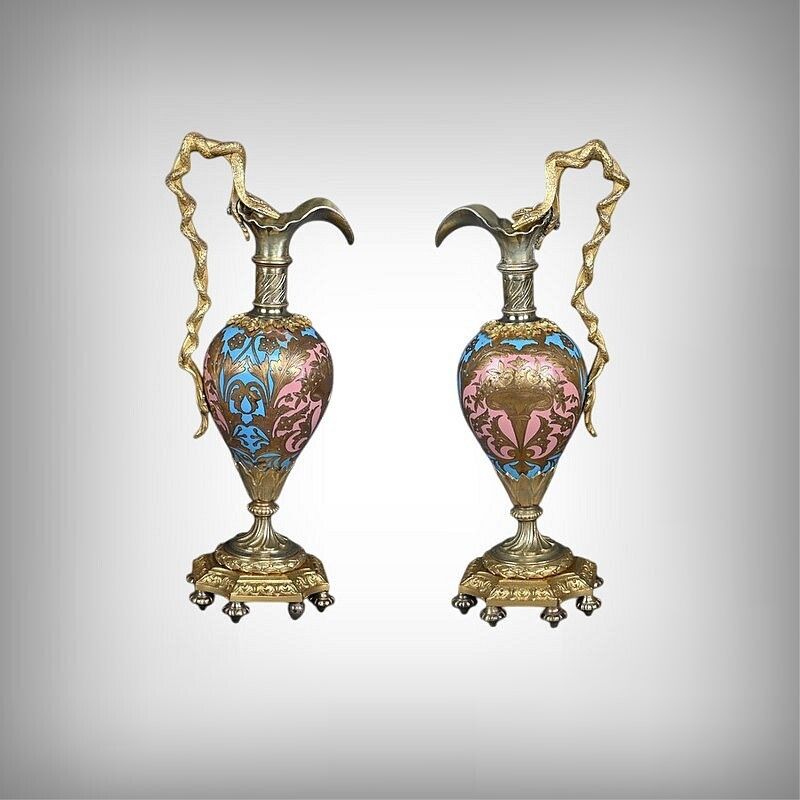 Pair Of Bronze & Cloisonné Enamel Ewers, Napoleon III Period – Mid 19th Century