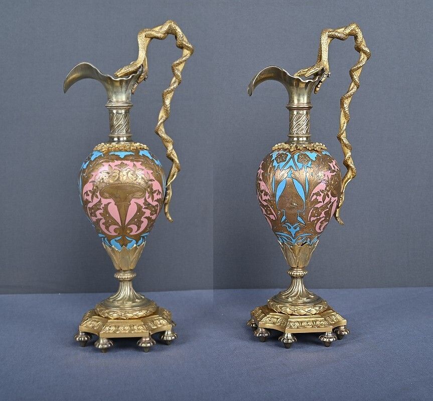 photo buy Pair Of Bronze & Cloisonné Enamel Ewers, Napoleon III Period – Mid 19th Century
