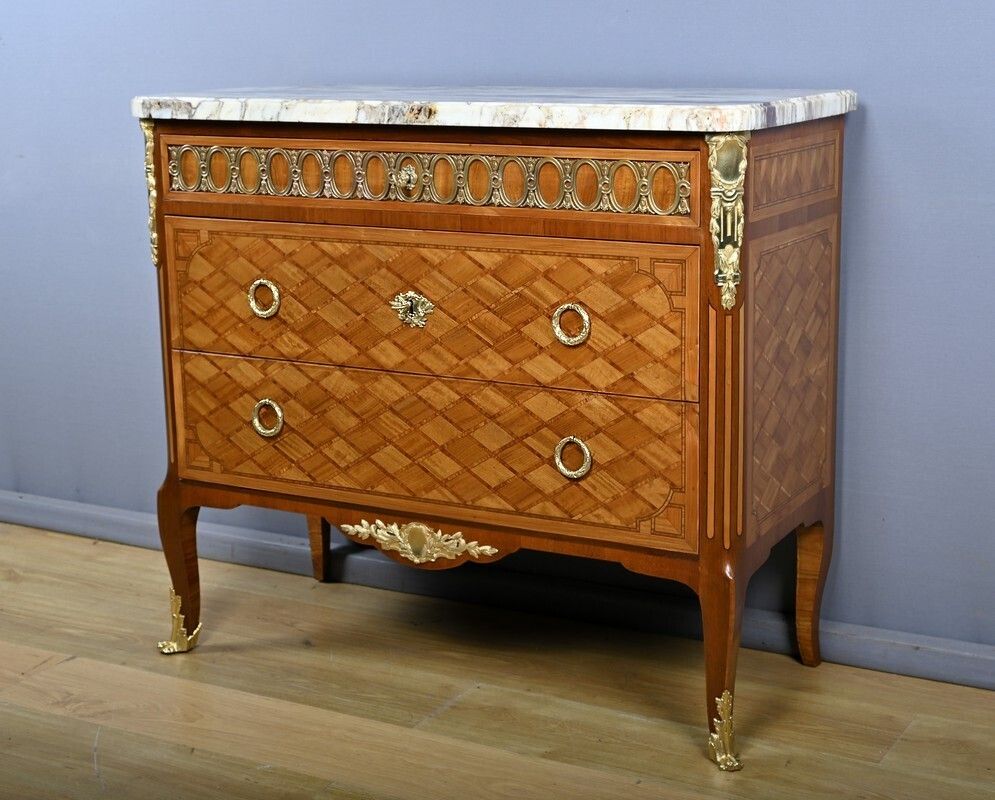 Marquetry Commode, Louis XV Louis XVI Transition Style – Early 20th Century photo for sale