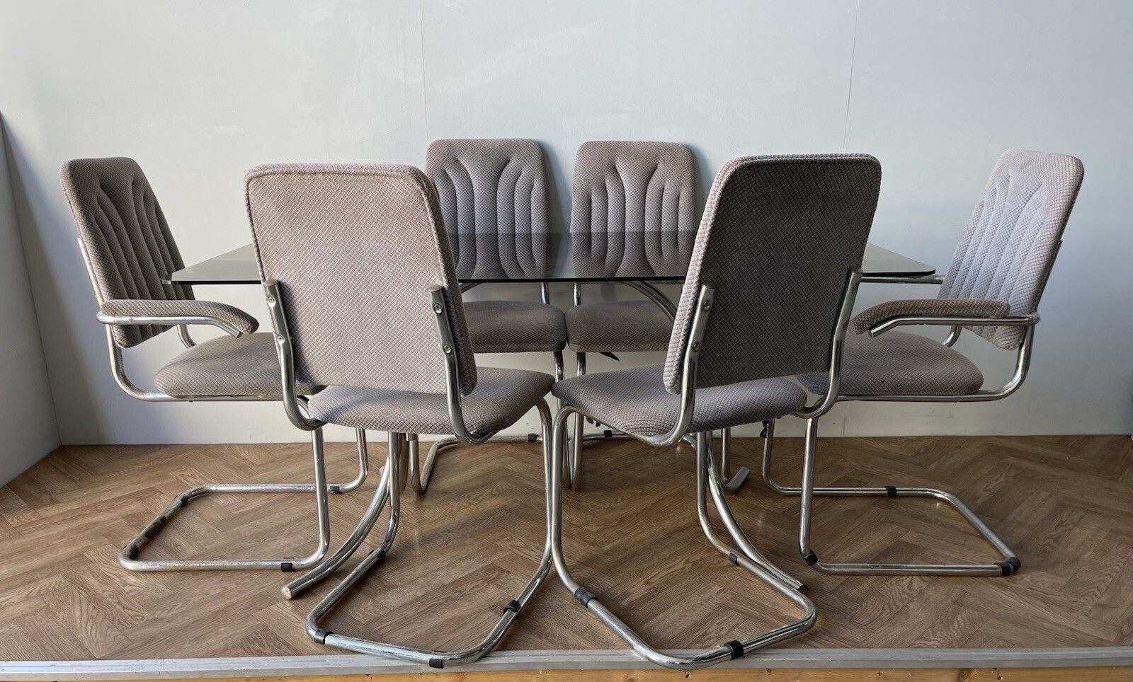 Vintage Smoked Glass And Chrome Dining Table And 6 Cantilever Chairs
