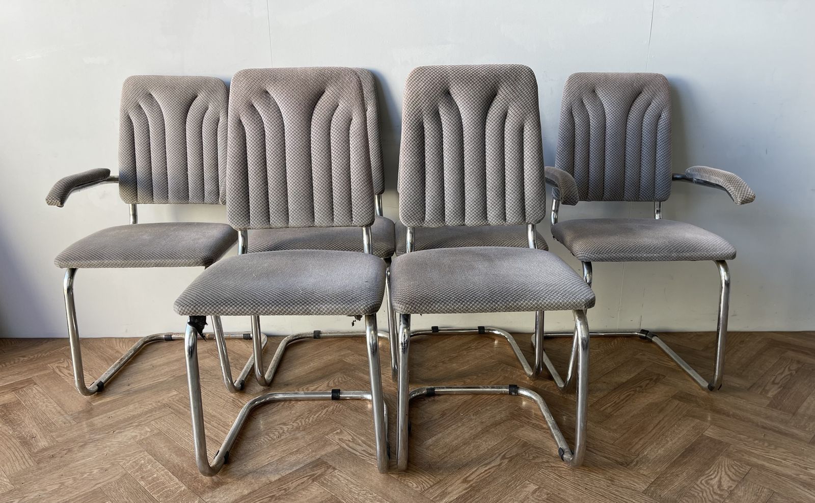Vintage Smoked Glass And Chrome Dining Table And 6 Cantilever Chairs photo vinterior