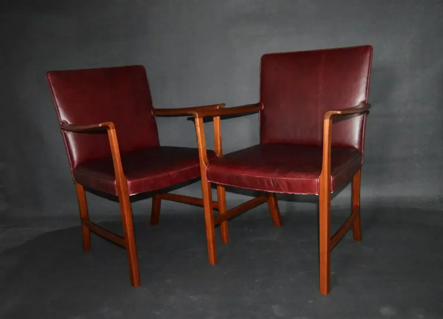 Set Of Armchairs Of Burgundy Red Leather Teak By Ole Wanscher For A.J. Iversen, 1950s photo furniture