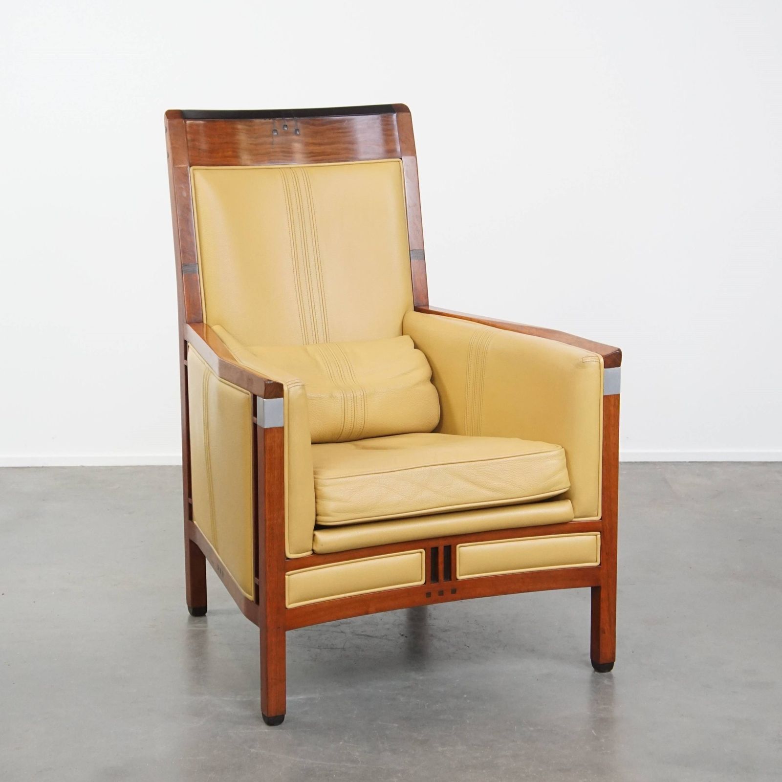 Beautiful Art Deco Design Armchair In Yellow Leather With A High Back