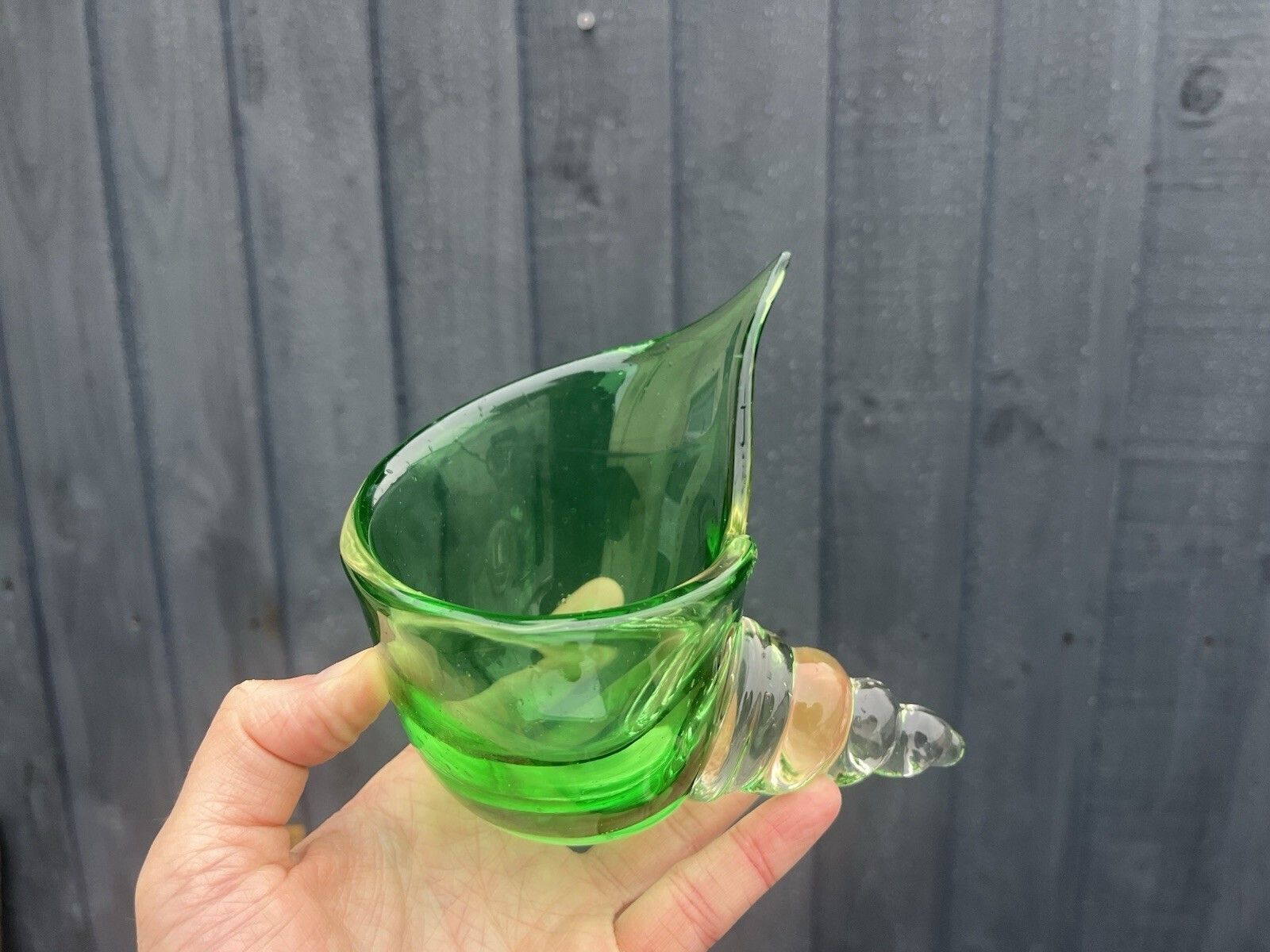 Mid Century Murano Green Glass Cornucopia Shell Seashell Ashtray Vase Vintage