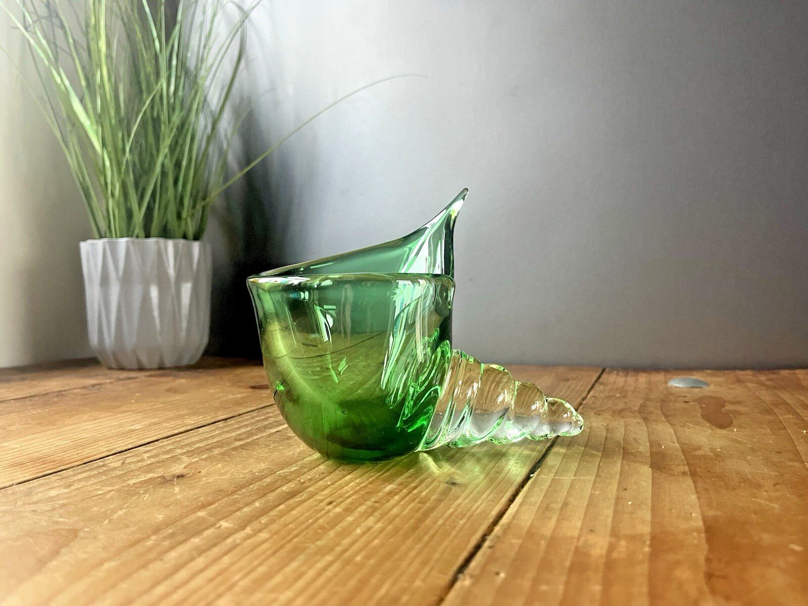Mid Century Murano Green Glass Cornucopia Shell Seashell Ashtray Vase Vintage photo furniture