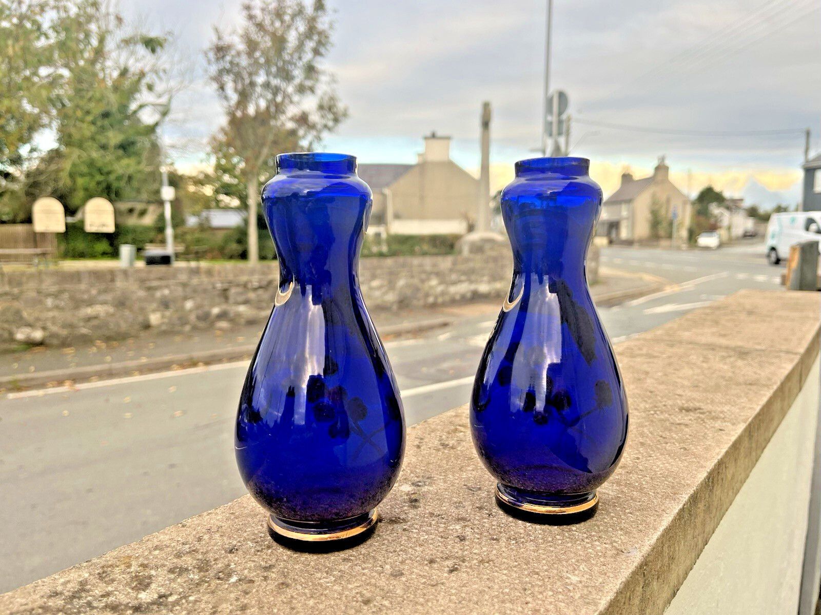 Pair Of Art Nouveau Bohemian Cobalt Gold Overlay Butterfly Vases Carl Goldberg. photo for sale