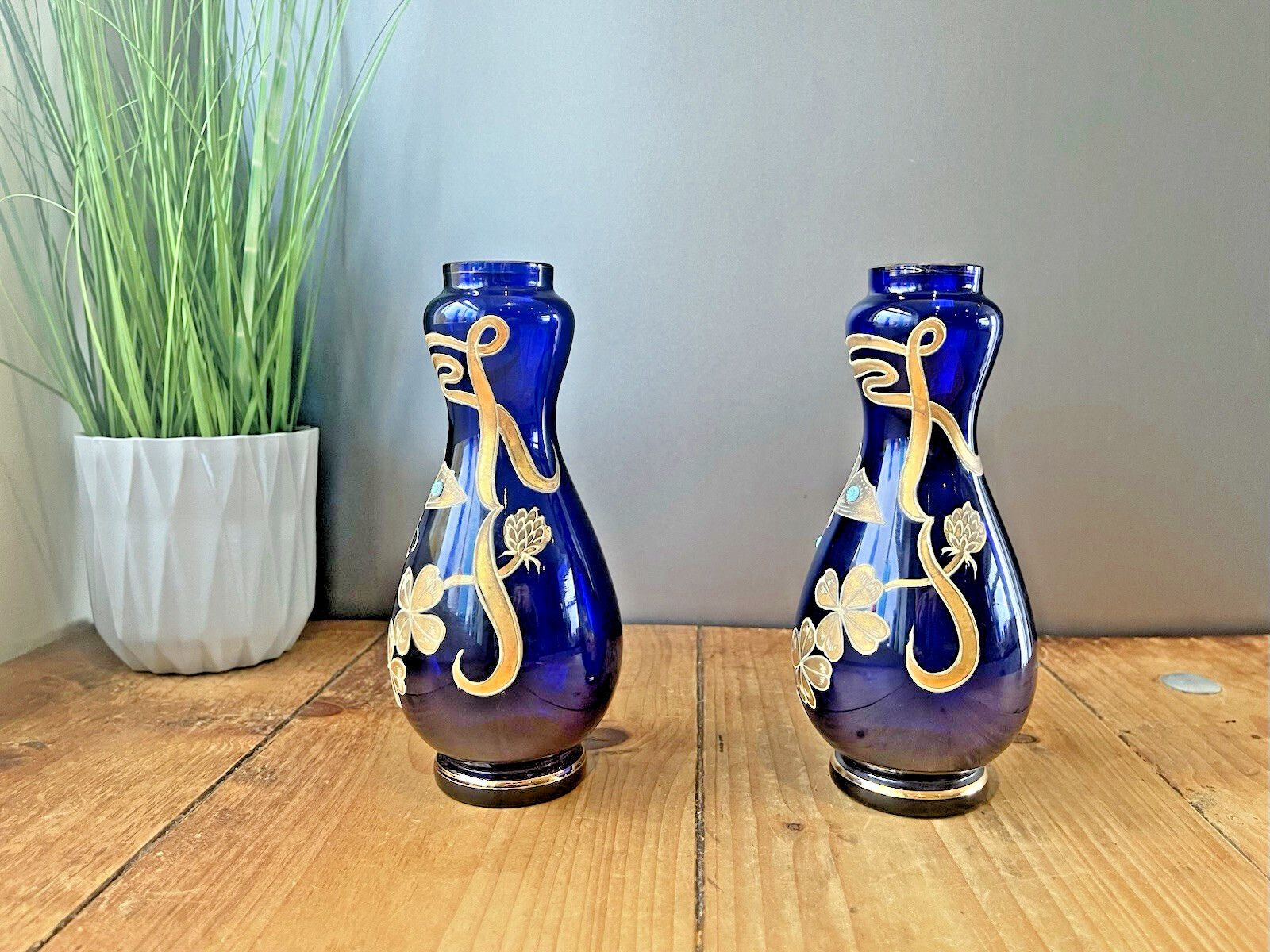 Pair Of Art Nouveau Bohemian Cobalt Gold Overlay Butterfly Vases Carl Goldberg. photo vinterior
