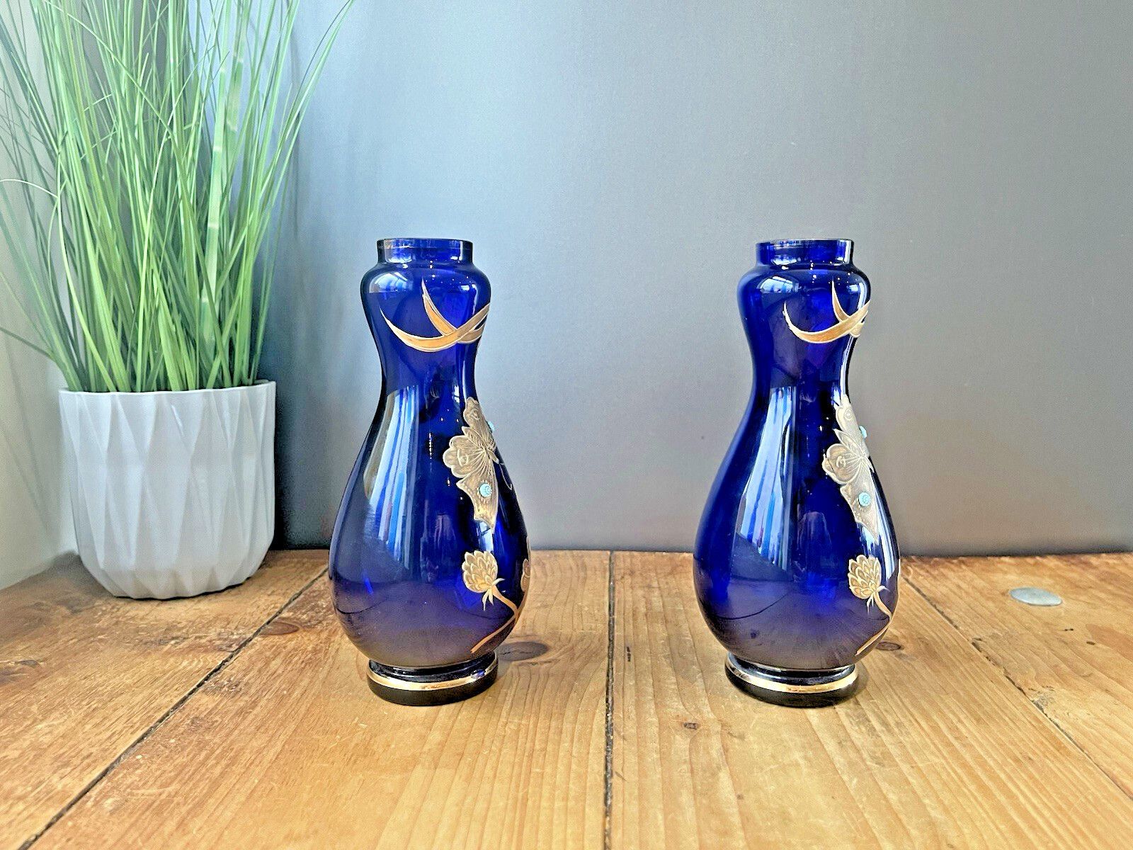 Pair Of Art Nouveau Bohemian Cobalt Gold Overlay Butterfly Vases Carl Goldberg. photo vintage