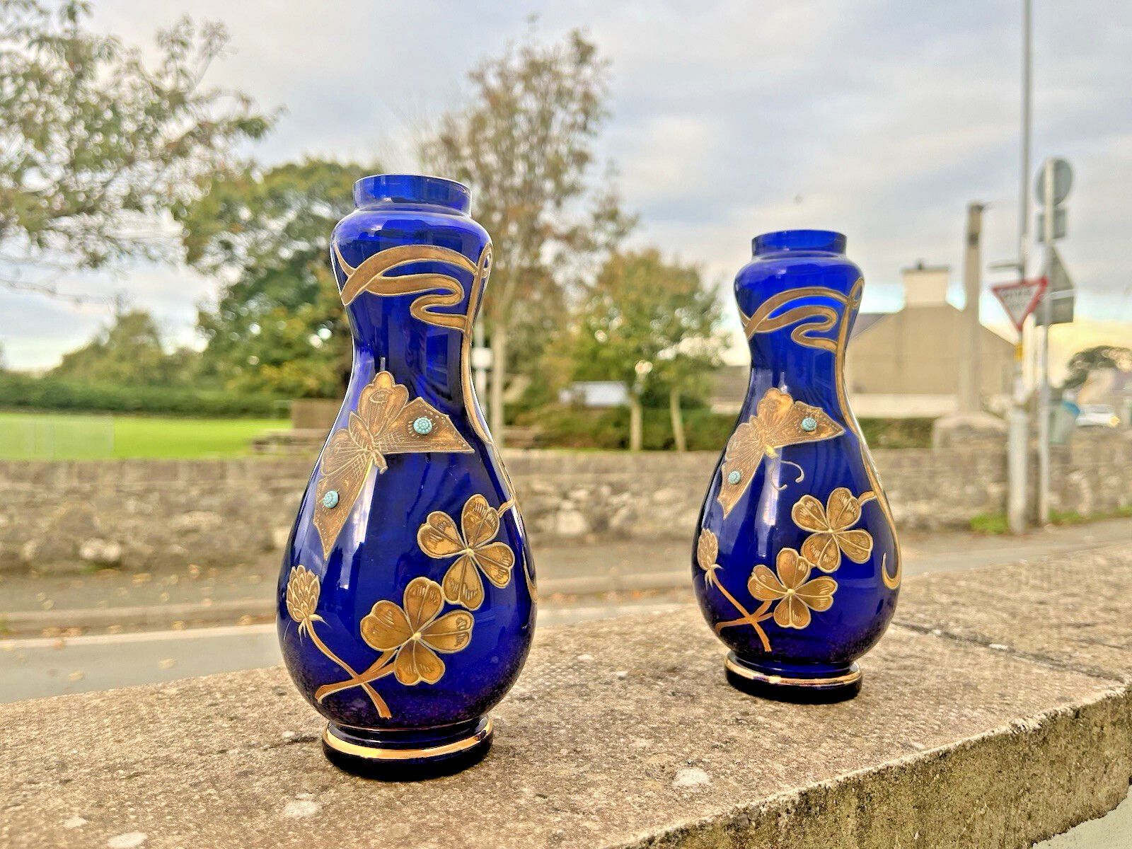 350.0 Pair Of Art Nouveau Bohemian Cobalt Gold Overlay Butterfly Vases Carl Goldberg. photo