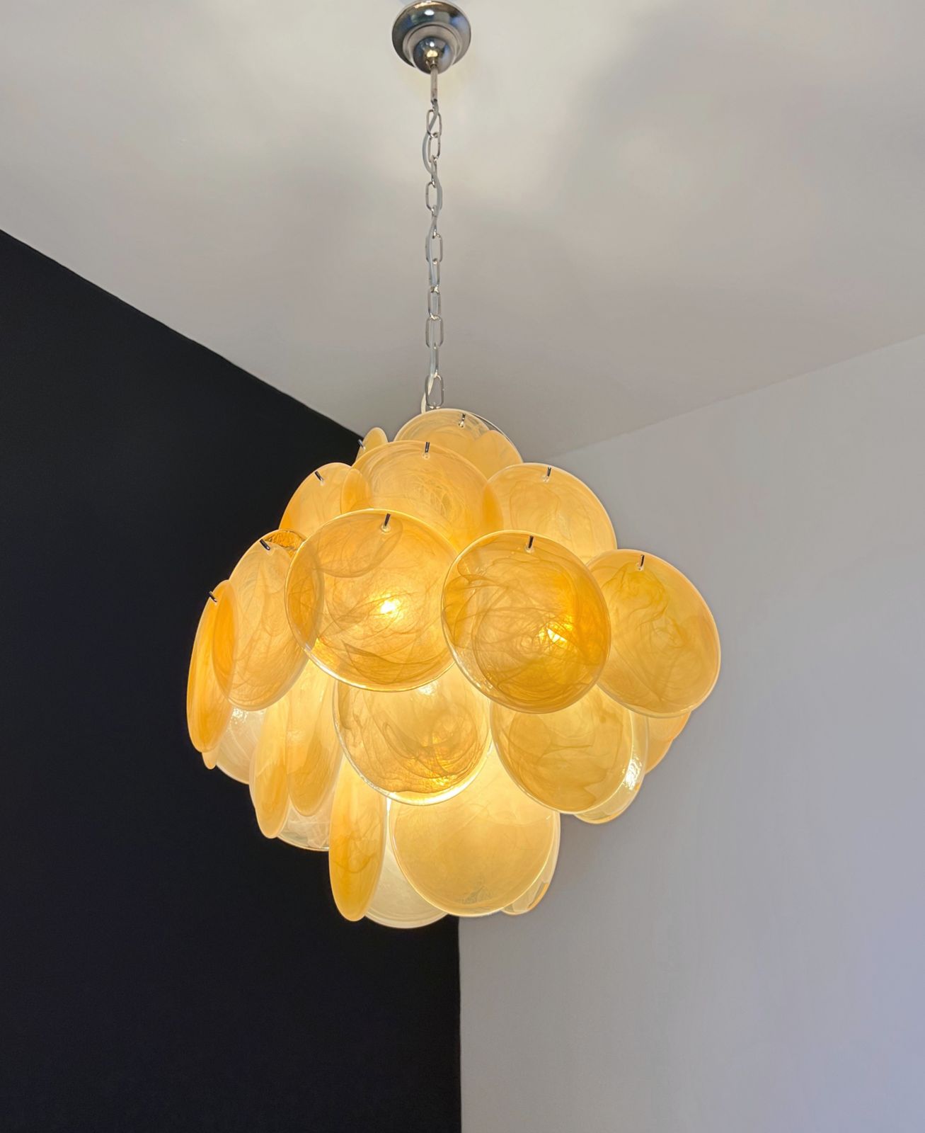 Vintage Italian Murano Chandelier   36 Iridescent Alabaster Gold Discs photo for sale