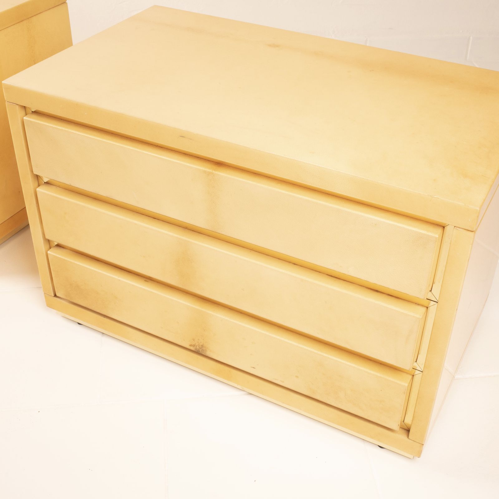 Pair Of Parchment Bedside Tables By Aldo Tura For Tura Milano photo vinterior