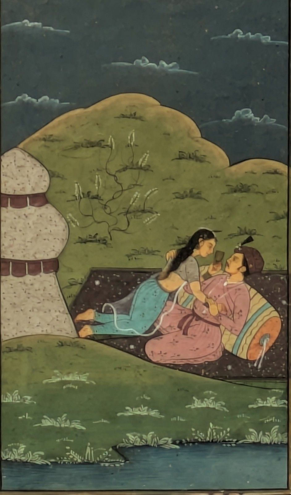 Mughal School Original Gouache Painting Lovers In Landscape photo vinterior
