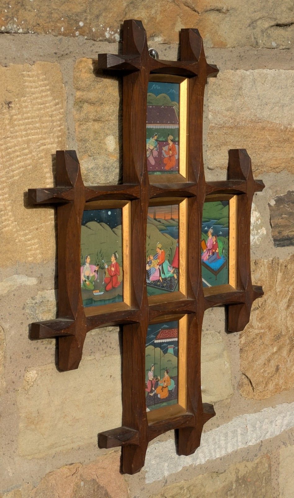 Mughal School Original Gouache Painting Courtly Lovers In Cruciform Frame photo furniture