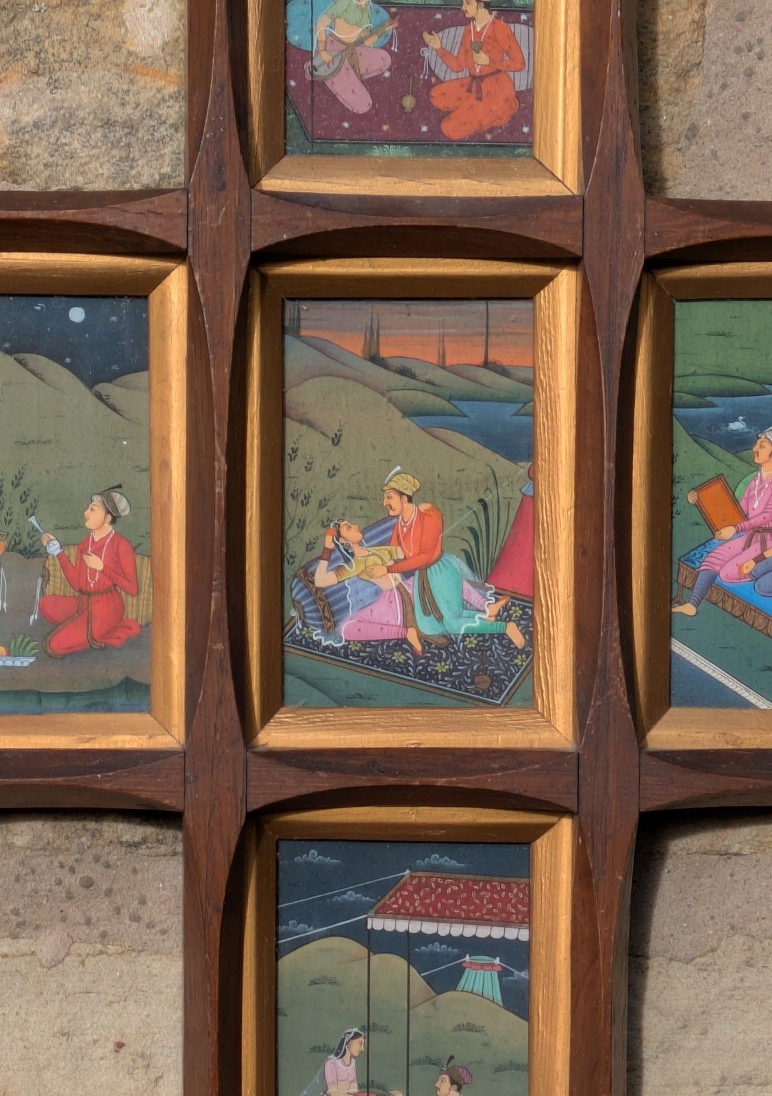 Mughal School Original Gouache Painting Courtly Lovers In Cruciform Frame photo Art