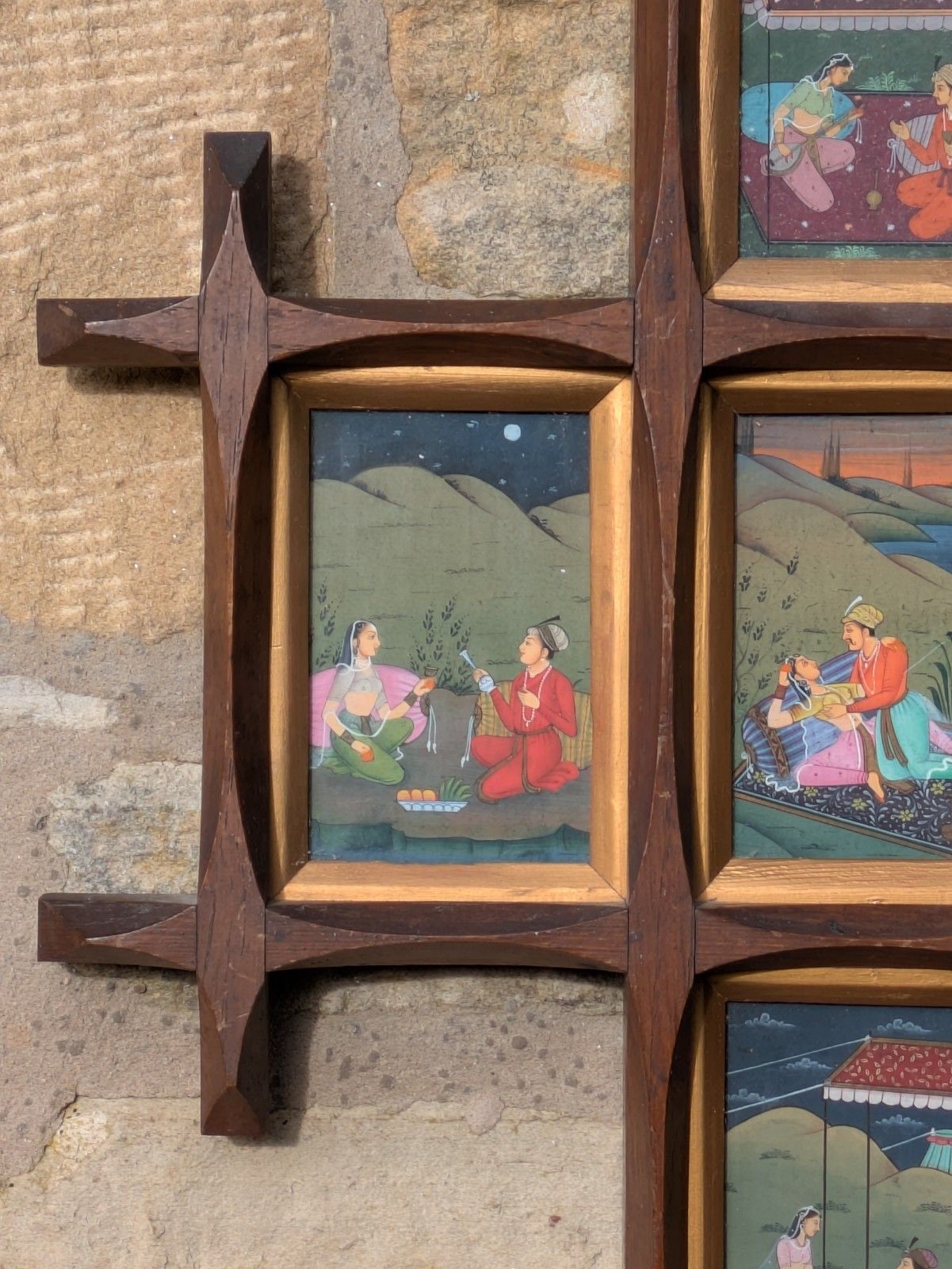 Mughal School Original Gouache Painting Courtly Lovers In Cruciform Frame photo vinterior