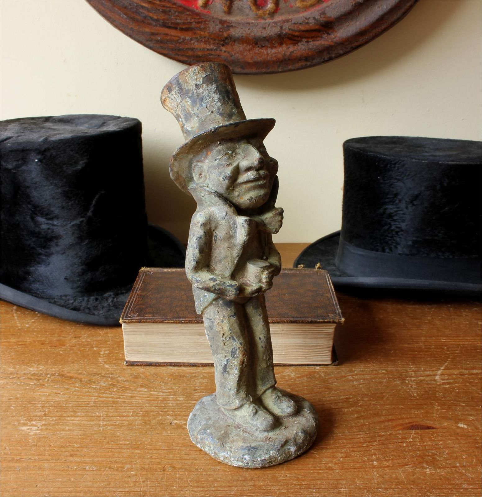 Man In Top Hat Figure. Decorative Patinated Cast Iron Garden Ornament. photo for sale