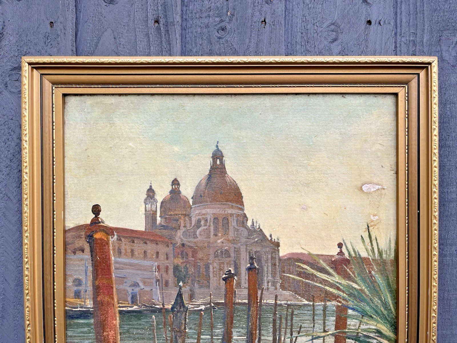 Antique Venice Basilica Santa Maria Della Salute Church Painting Gondola Vintage photo 149.0