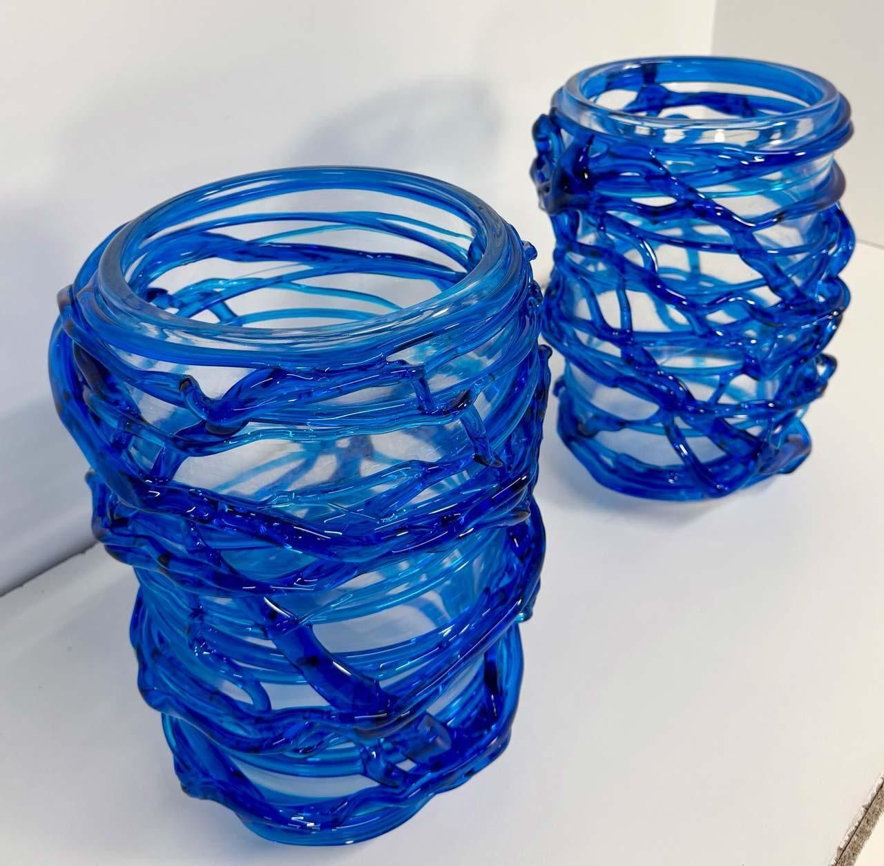 Pair Of Italian Cobalt Blue Murano Glass Vases By Cenedese photo vinterior