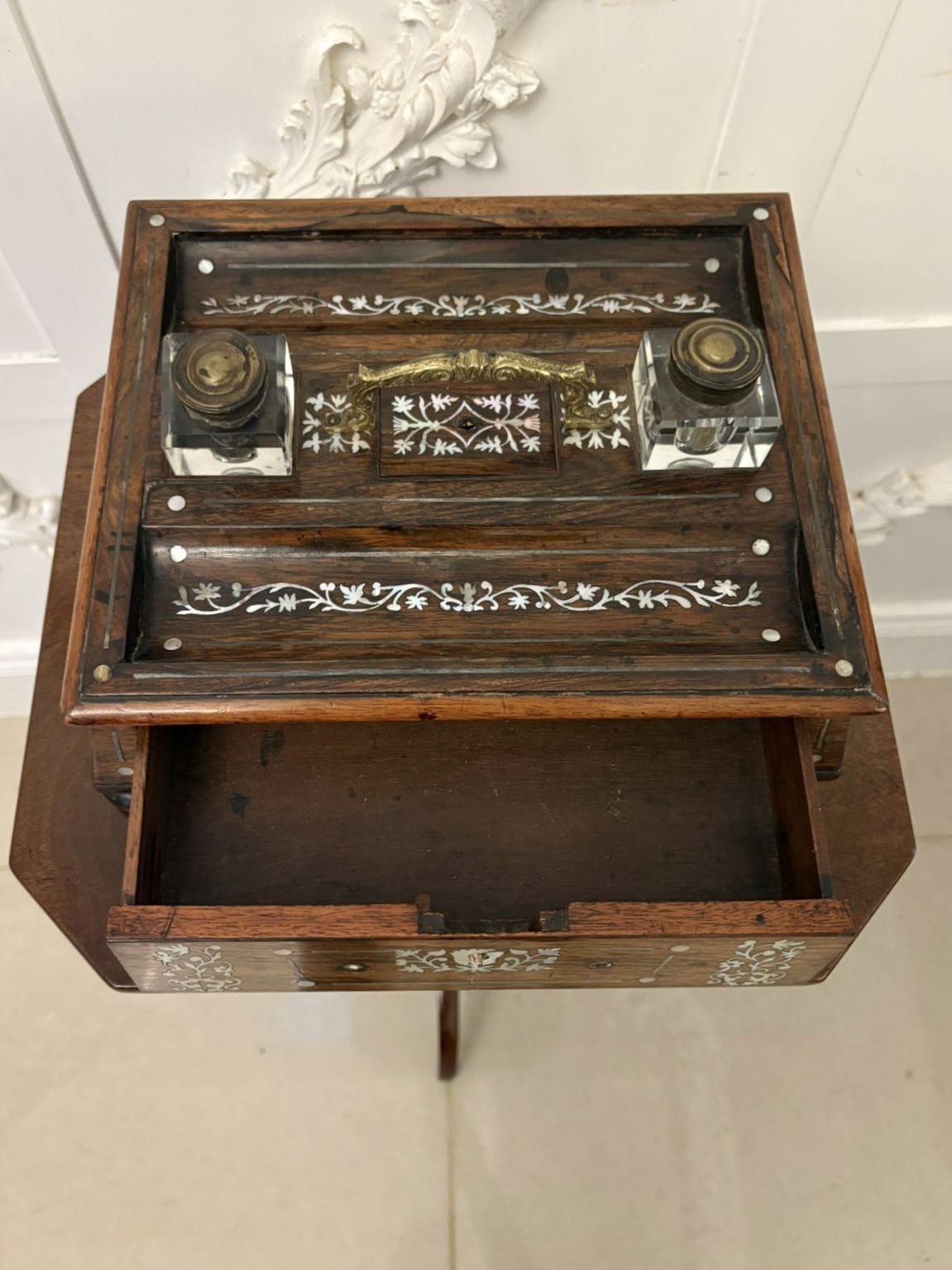 Antique Regency Rosewood Inlaid Writing Desk Set With Inkwells photo 985.0