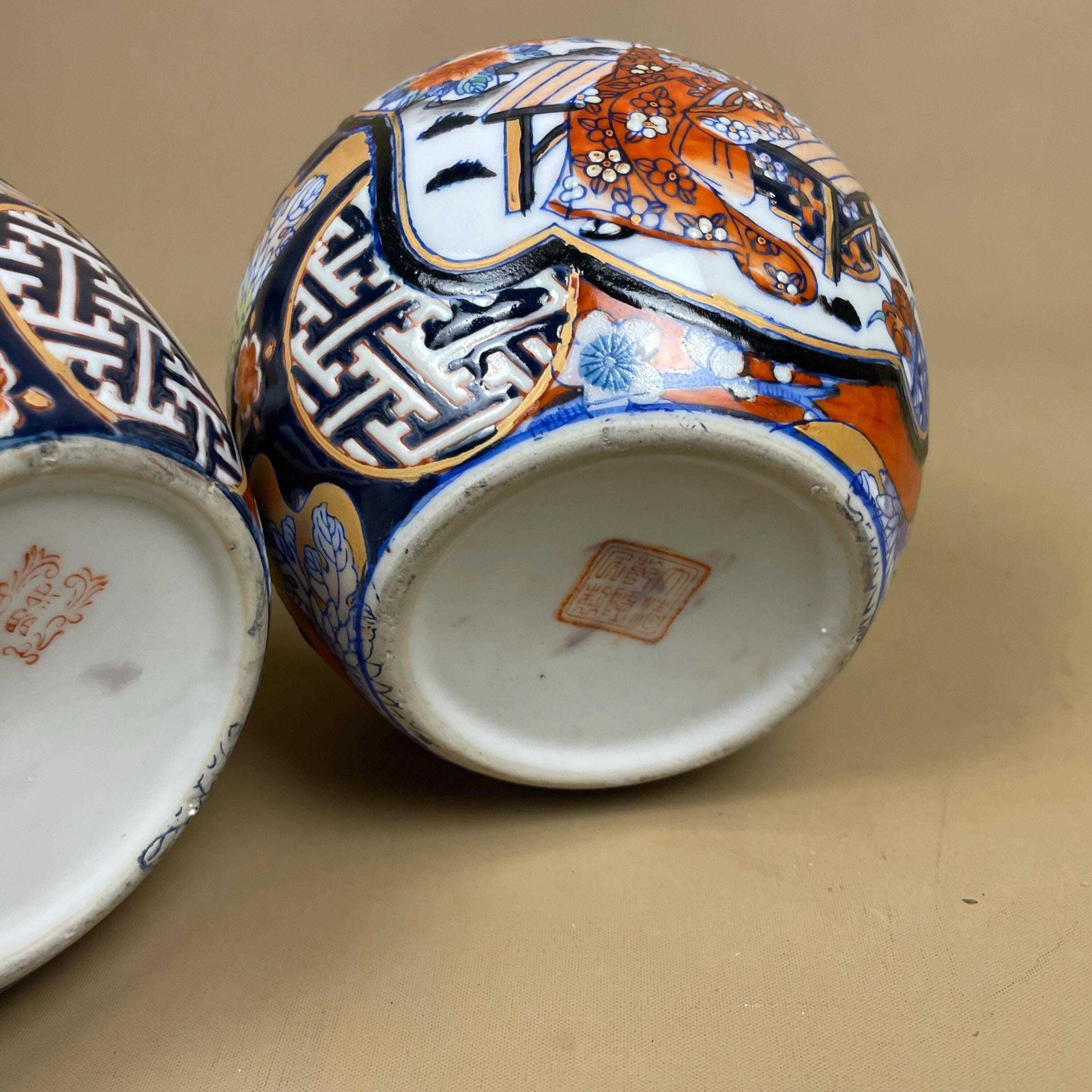 Pair Of Oriental Decorative Vases Ceramic Blue White Round Circle Pots Chinese Vintage Display X2 Ginger Jar Hand Painted Asian photo vintage