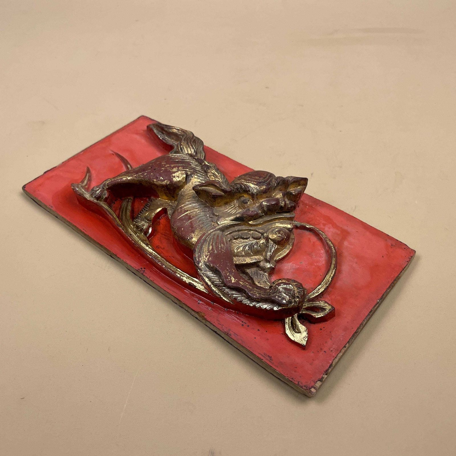 Chinese Gilt Wood Carving Qilin Beast Panel Vintage Red Lacquer Art Gold Carved Mythical Creature Asian Wall Decor Architectural Fragment photo Art