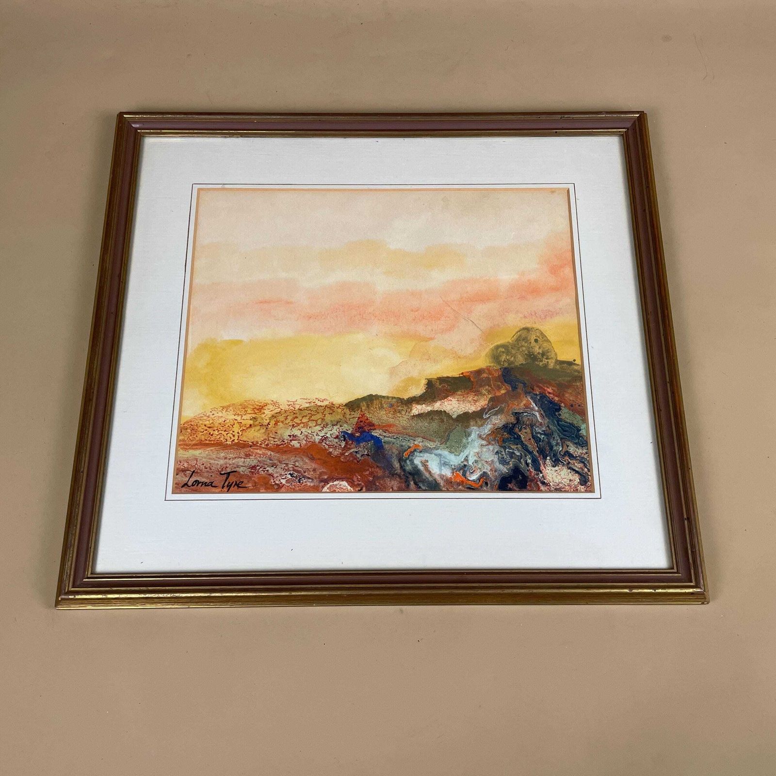 Lorna Tyre Abstract Landscape Painting Framed Art Signed Modern Colourful Mixed Media Watercolour Wall Decor Mid Century Sunset Artwork
