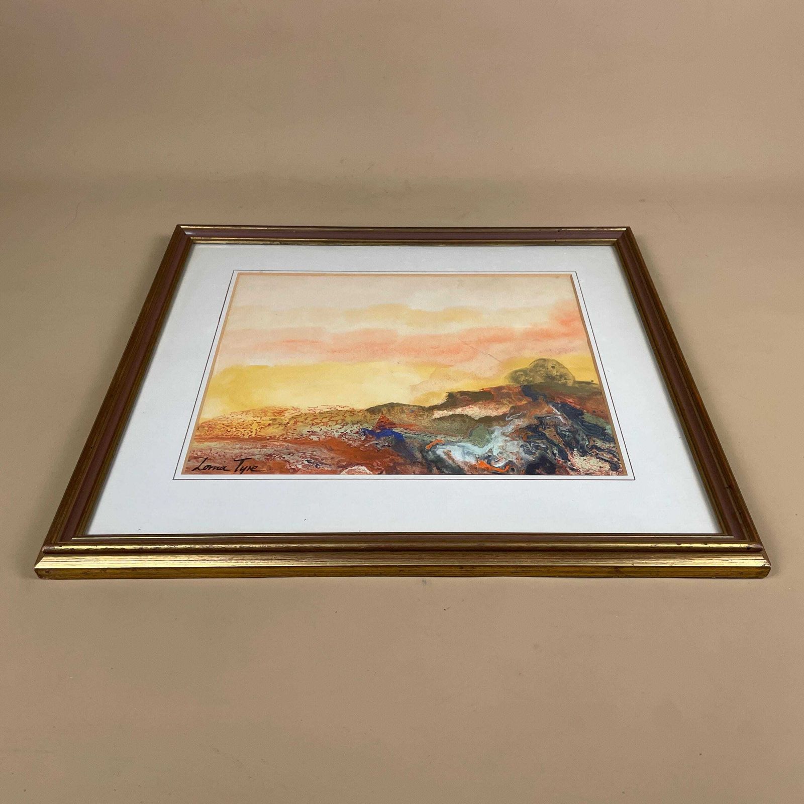 Lorna Tyre Abstract Landscape Painting Framed Art Signed Modern Colourful Mixed Media Watercolour Wall Decor Mid Century Sunset Artwork photo for sale