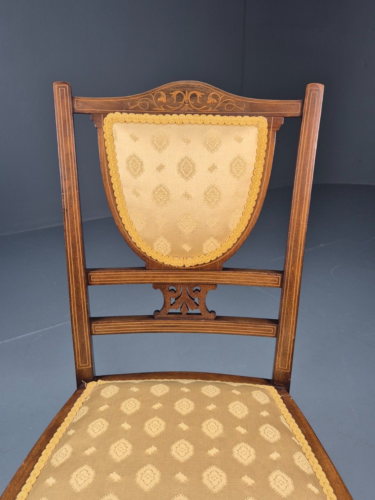 Antique Edwardian Dining Chair Mahogany Inlay Gold Upholstery  Eb10716 Vdin photo Furniture