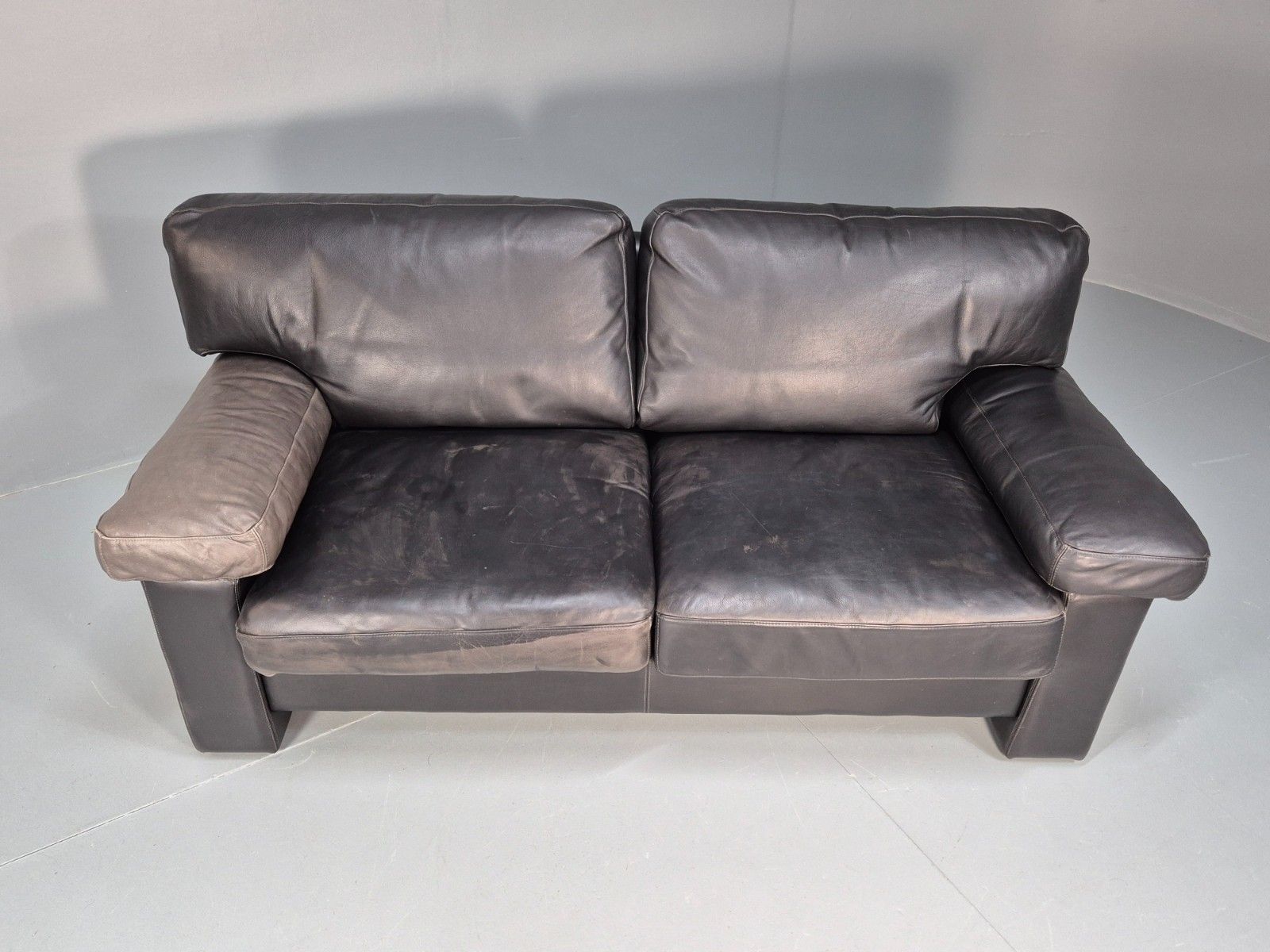 1980s Two Seater Sofa Faded Black Leather Boxy Style Retro Danish Eb10714 M2ss photo 475.0