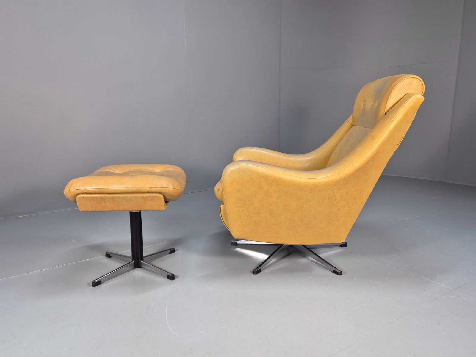 Mid Century Swivel Chair And Footstool Mustard Vinyl Vintage Retro  Eb10693 Mnor photo for sale