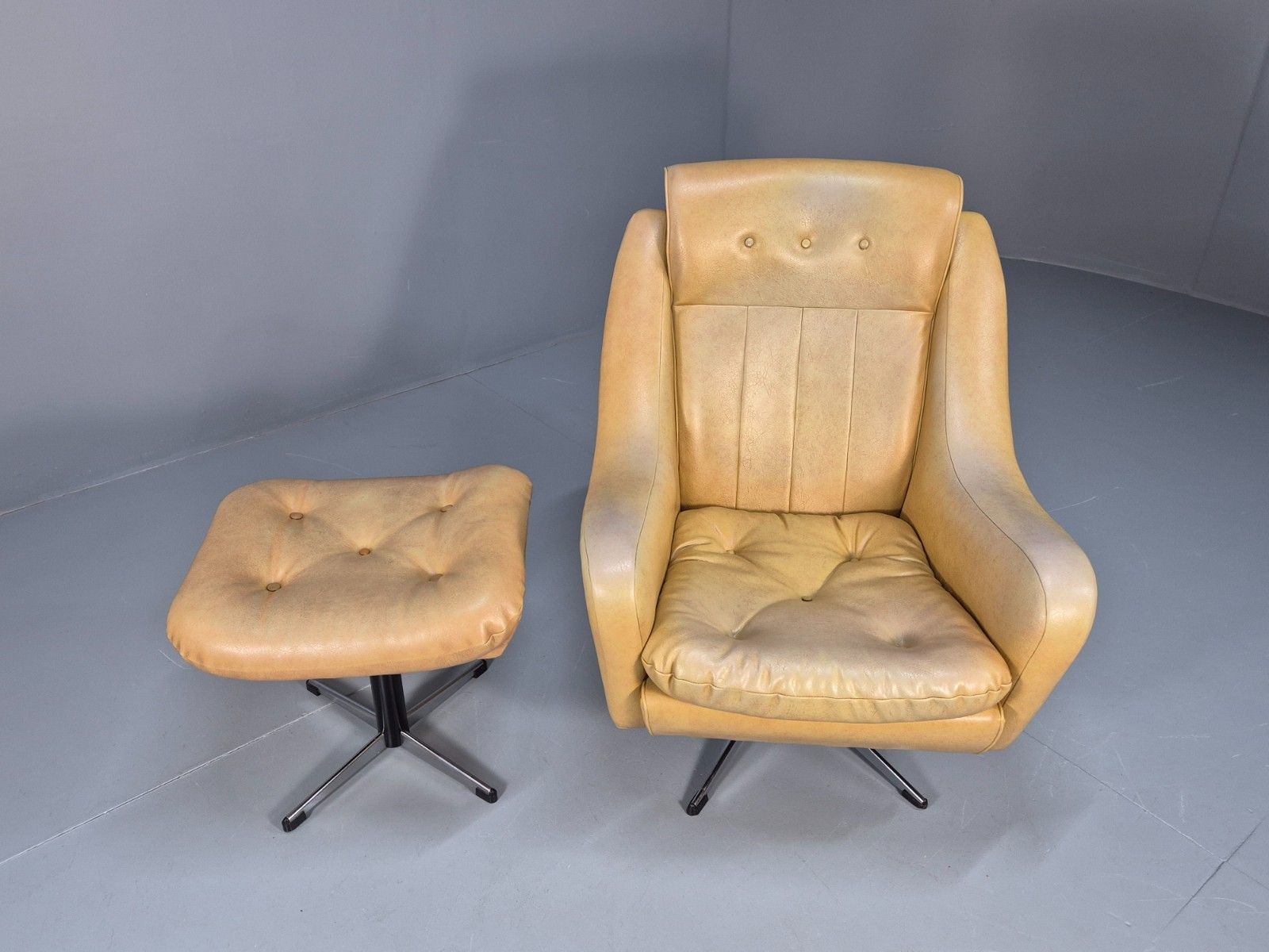 Mid Century Swivel Chair And Footstool Mustard Vinyl Vintage Retro  Eb10693 Mnor photo Furniture