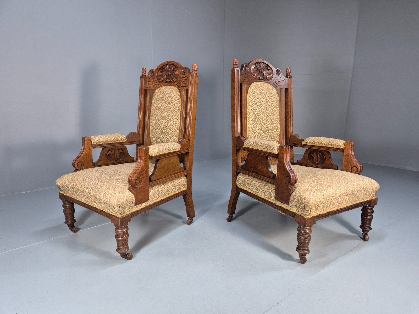 2 Edwardian Carved Oak Lounge Chairs Embroidery Upholstery 1900s Eb10690 Vcar photo furniture