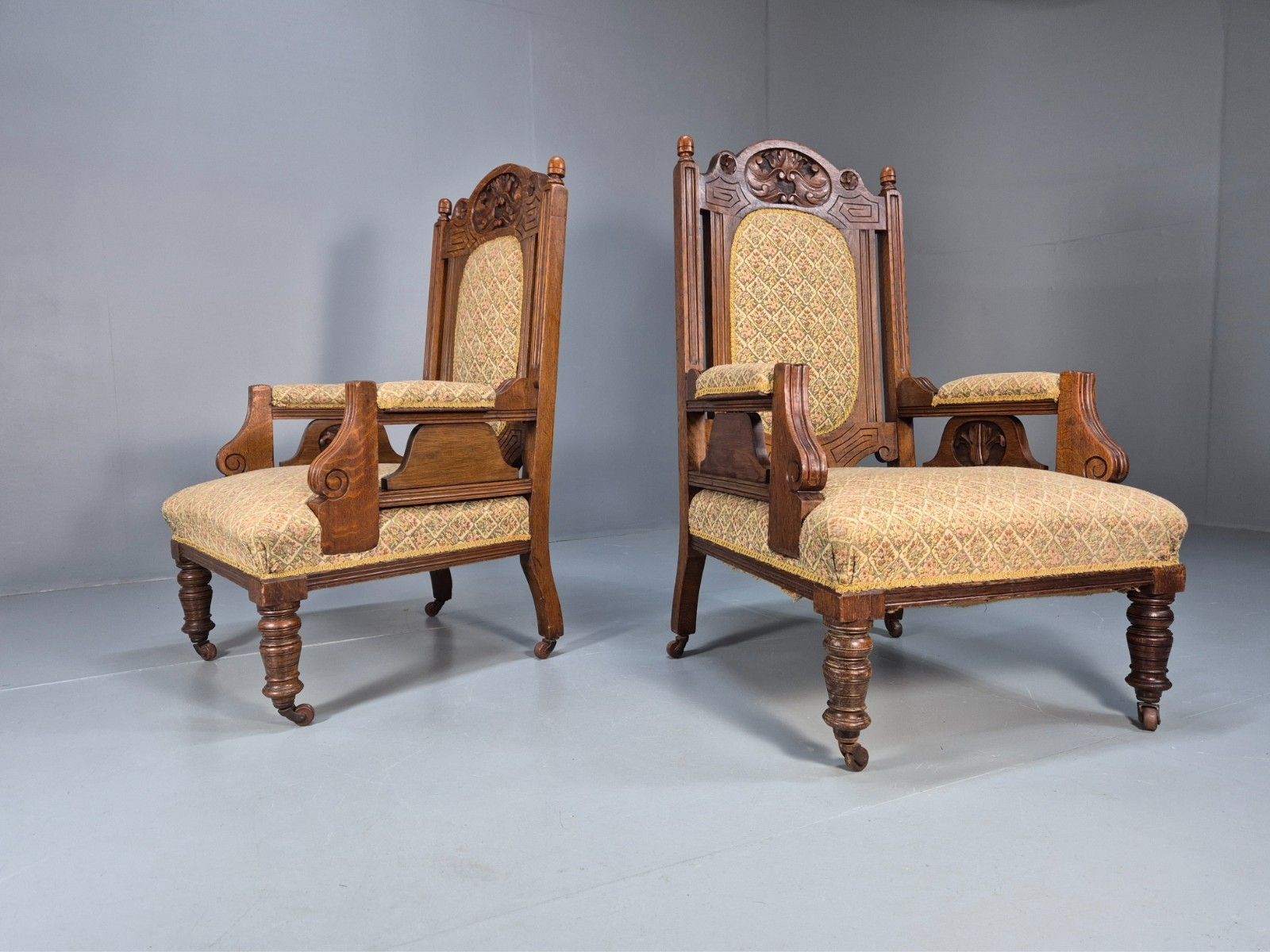 2 Edwardian Carved Oak Lounge Chairs Embroidery Upholstery 1900s Eb10690 Vcar photo for sale